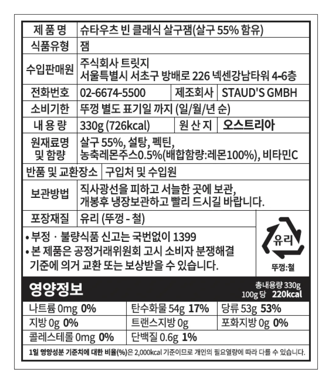 [슈타우츠빈] 클래식잼 선물세트 330g x 3종