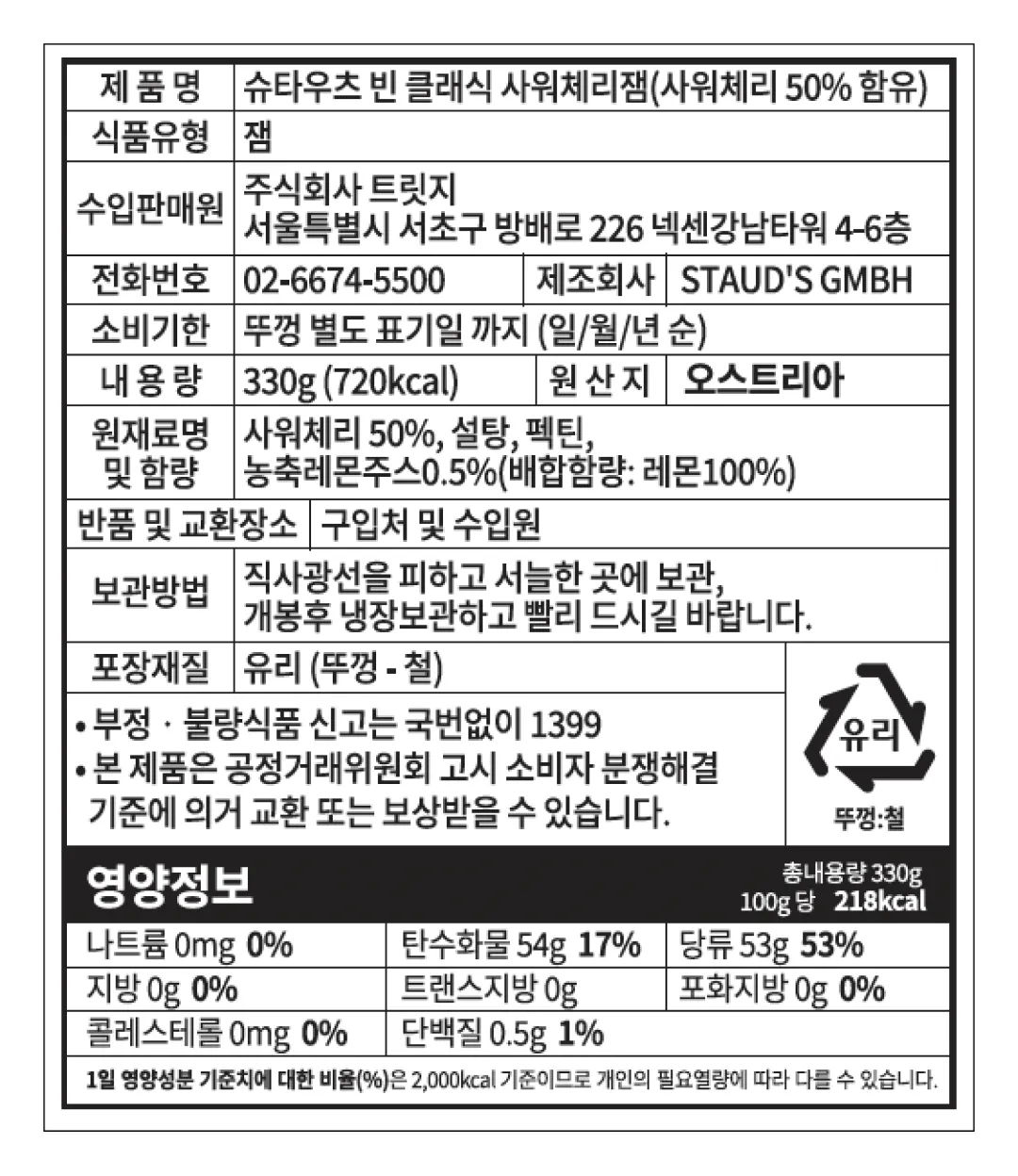 [슈타우츠빈] 클래식잼 선물세트 330g x 3종